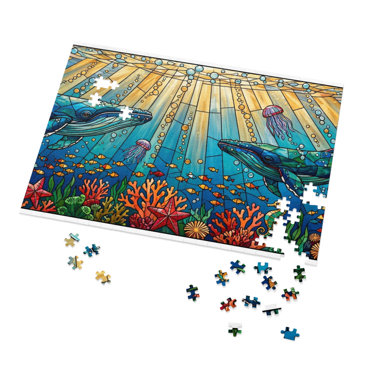 Stained Glass Whale Ocean — 1000-Piece Jigsaw Puzzle in Tin Box