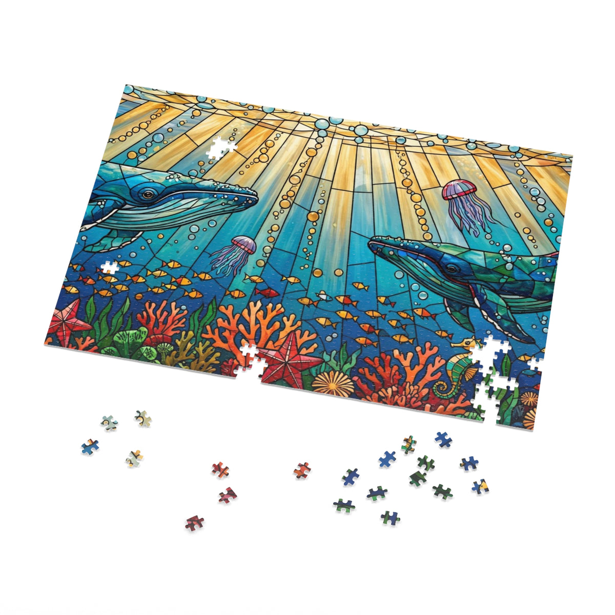 Stained Glass Whale Ocean — 1000-Piece Jigsaw Puzzle in Tin Box