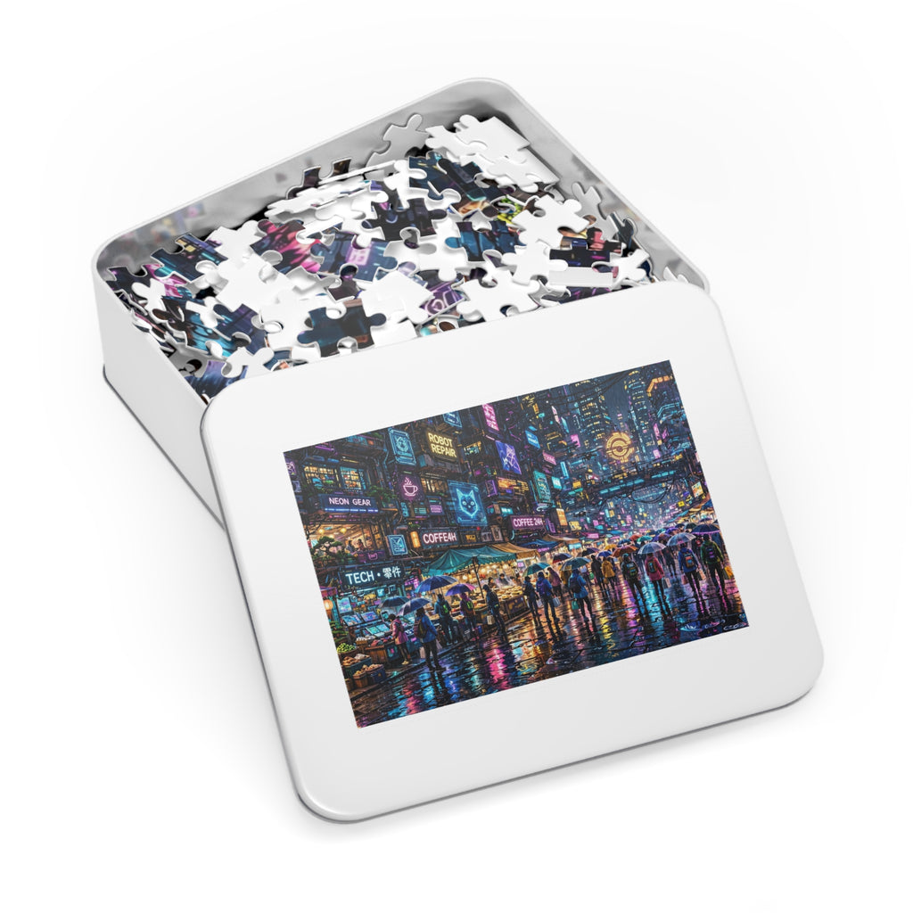 Neon City Rain Night — 1000-Piece Jigsaw Puzzle in Tin Box
