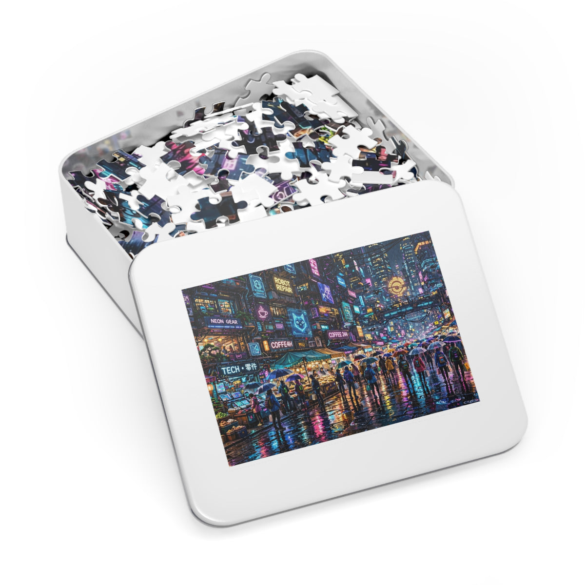 Neon City Rain Night — 1000-Piece Jigsaw Puzzle in Tin Box