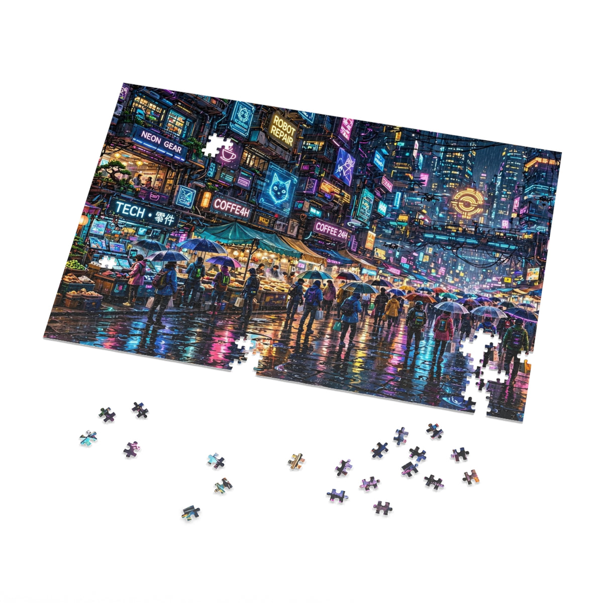 Neon City Rain Night — 1000-Piece Jigsaw Puzzle in Tin Box