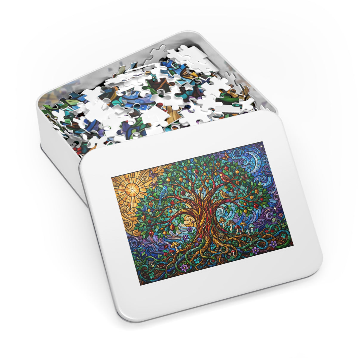 Stained Glass Tree of Life — 1000-Piece Jigsaw Puzzle in Tin Box