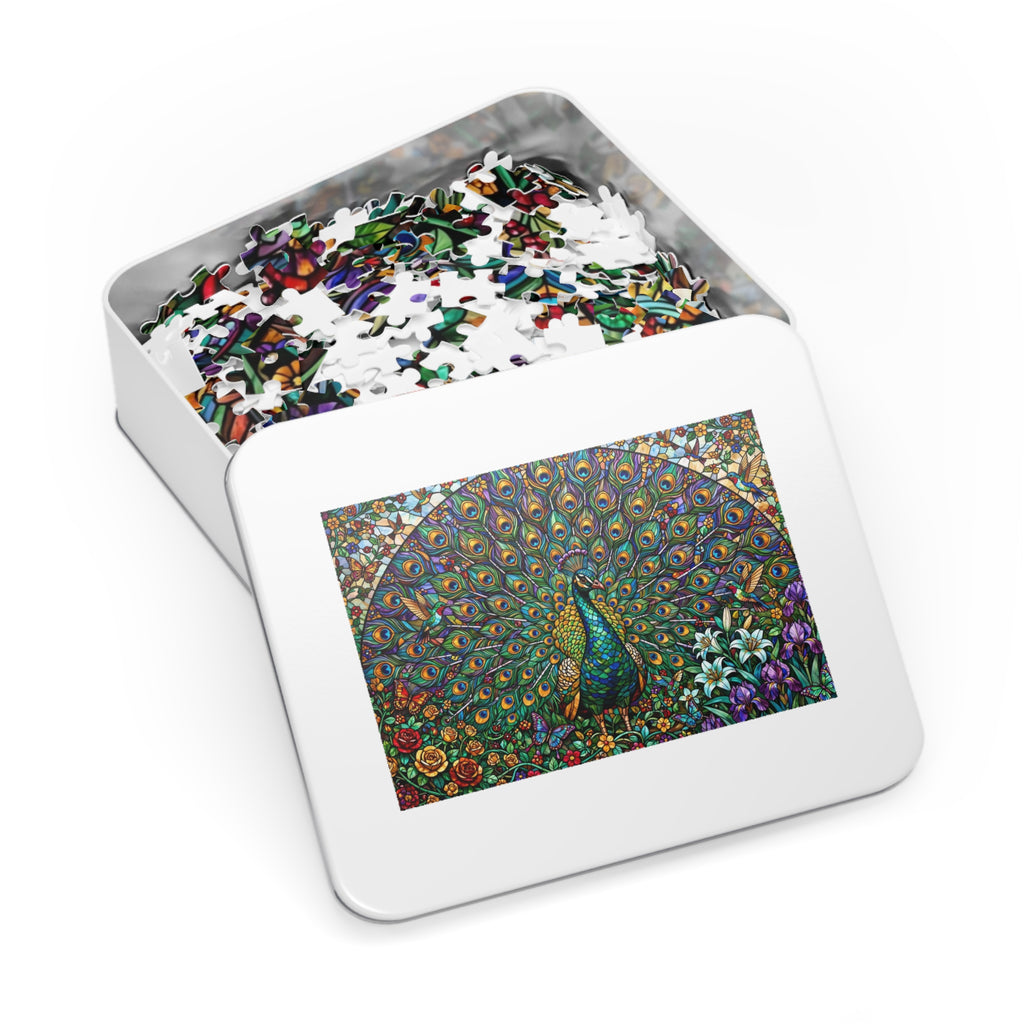 Stained Glass Peacock Garden — 1000-Piece Jigsaw Puzzle in Tin Box