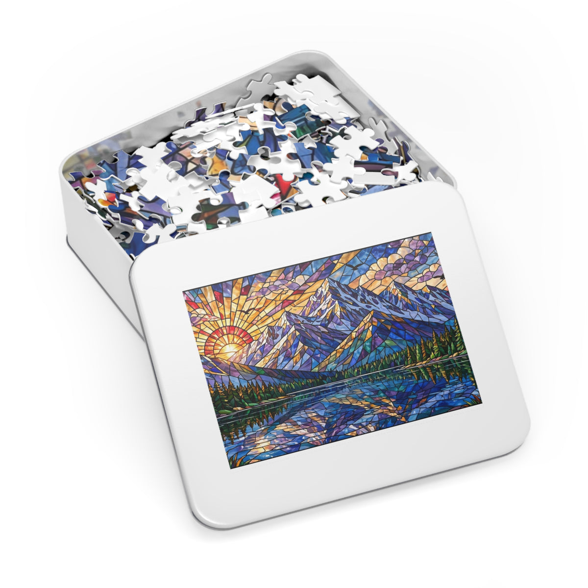 Stained Glass Mountain Lake Sunrise — 1000-Piece Jigsaw Puzzle in Tin Box