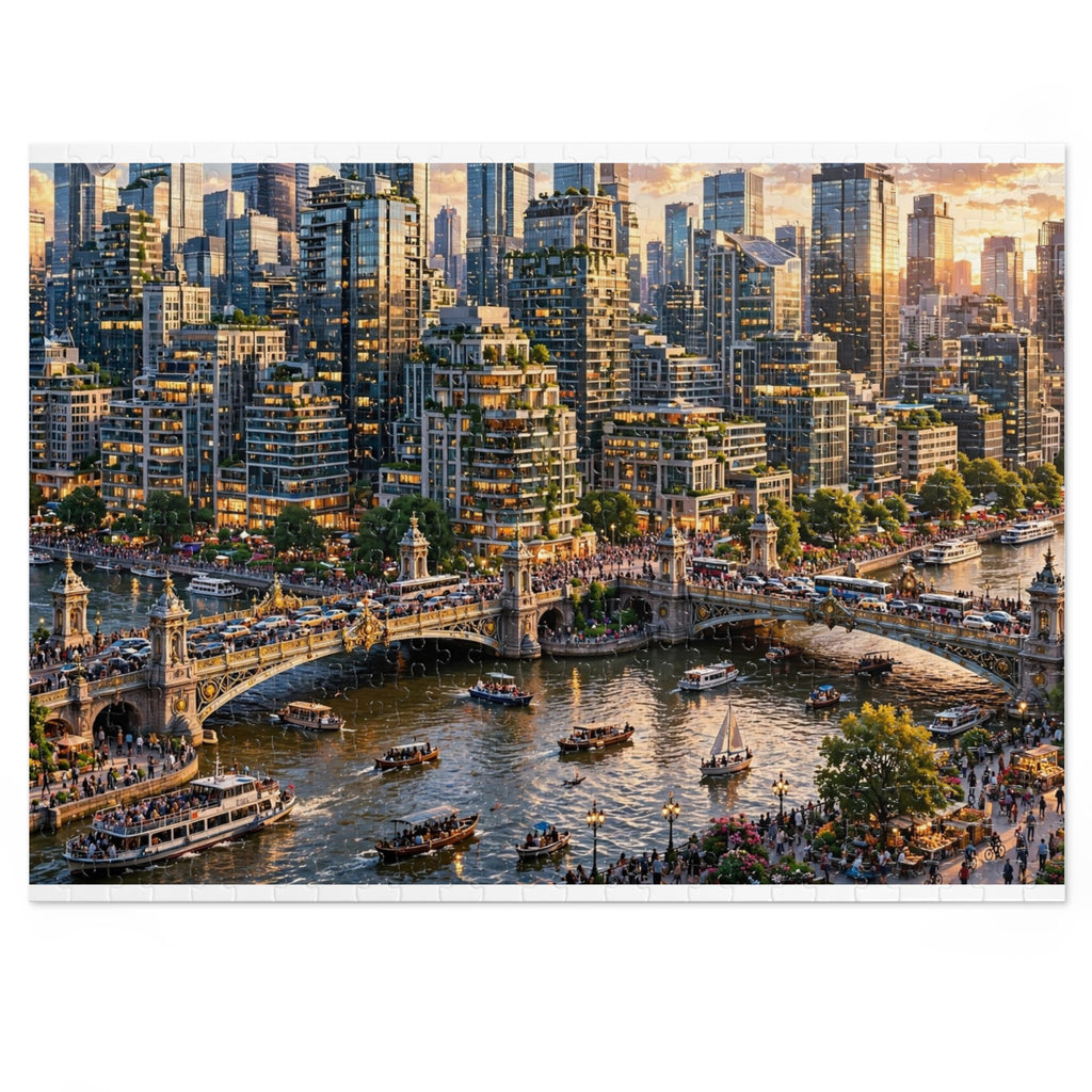 Skyscraper River at Golden Hour — 1000-Piece Jigsaw Puzzle in Tin Box