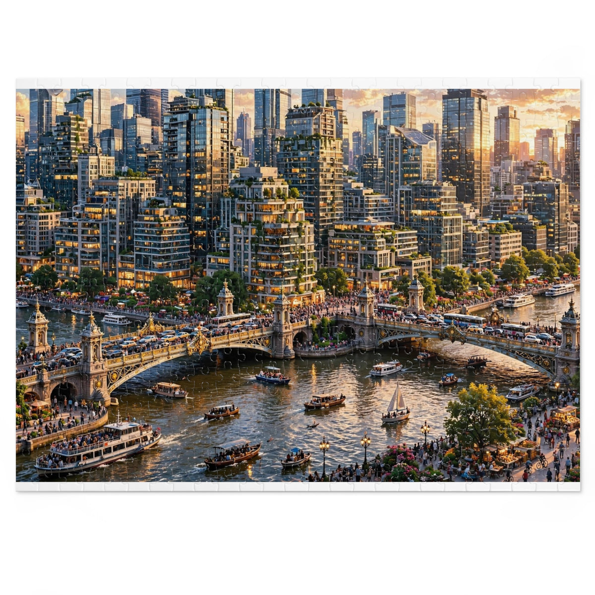 Skyscraper River at Golden Hour — 1000-Piece Jigsaw Puzzle in Tin Box