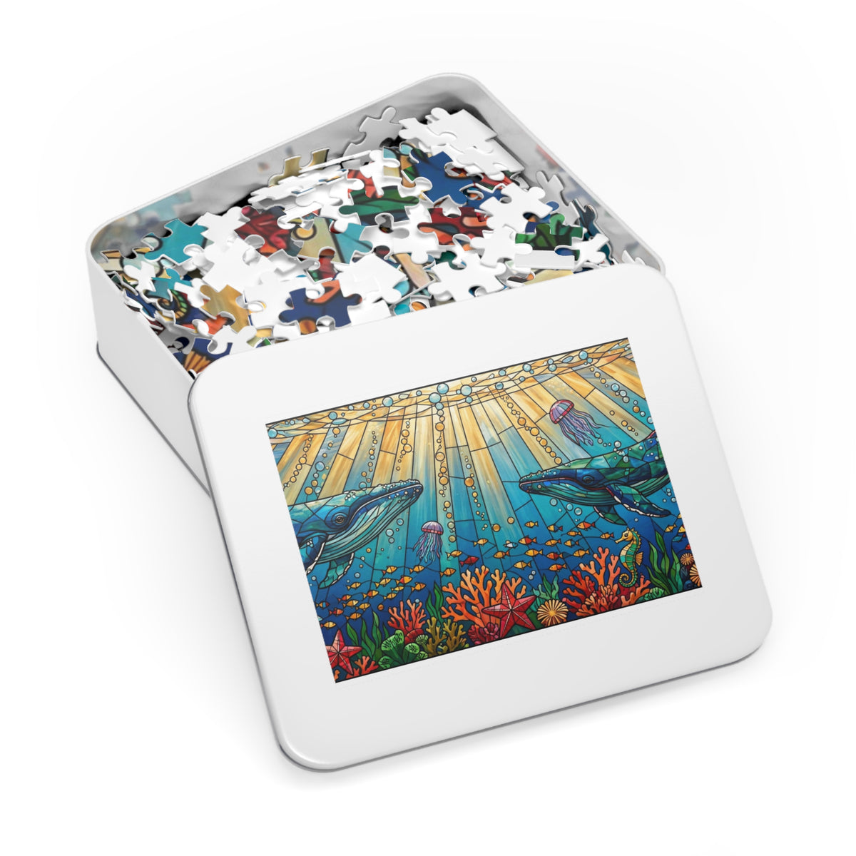 Stained Glass Whale Ocean — 1000-Piece Jigsaw Puzzle in Tin Box