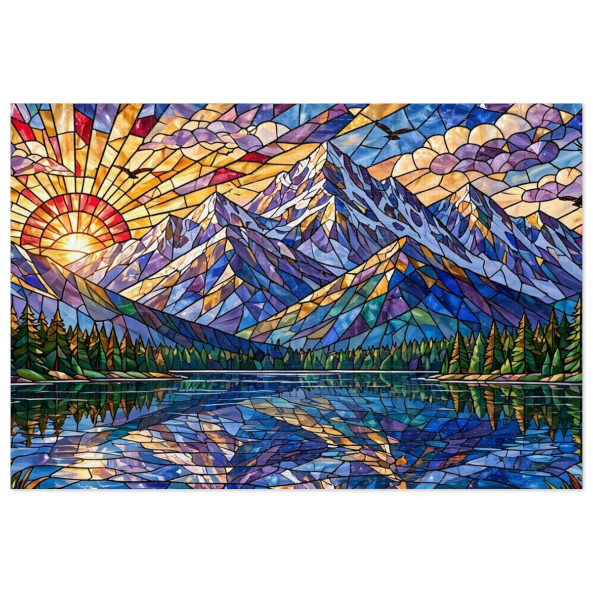 Stained Glass Mountain Lake Sunrise — 1000-Piece Jigsaw Puzzle in Tin Box
