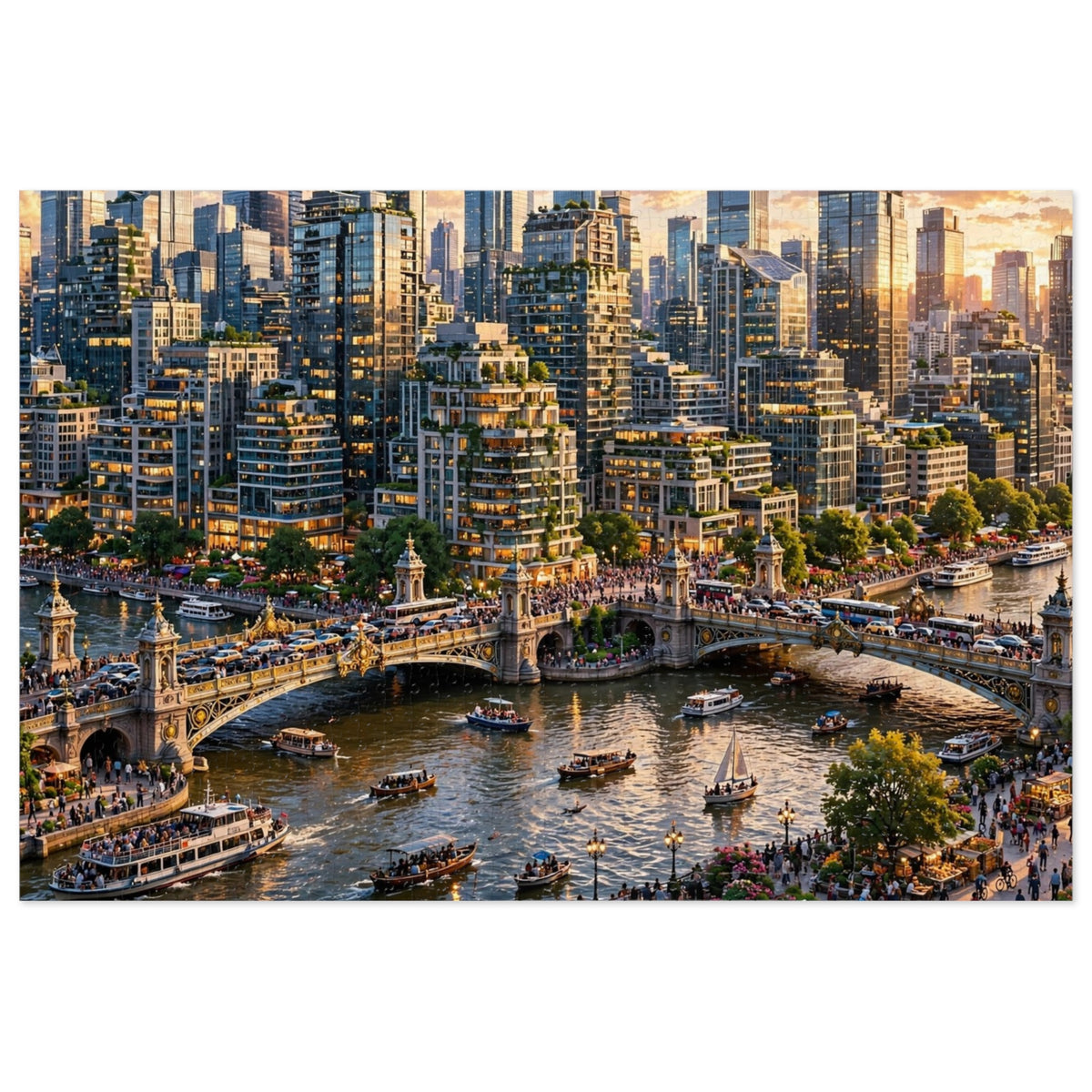 Skyscraper River at Golden Hour — 1000-Piece Jigsaw Puzzle in Tin Box
