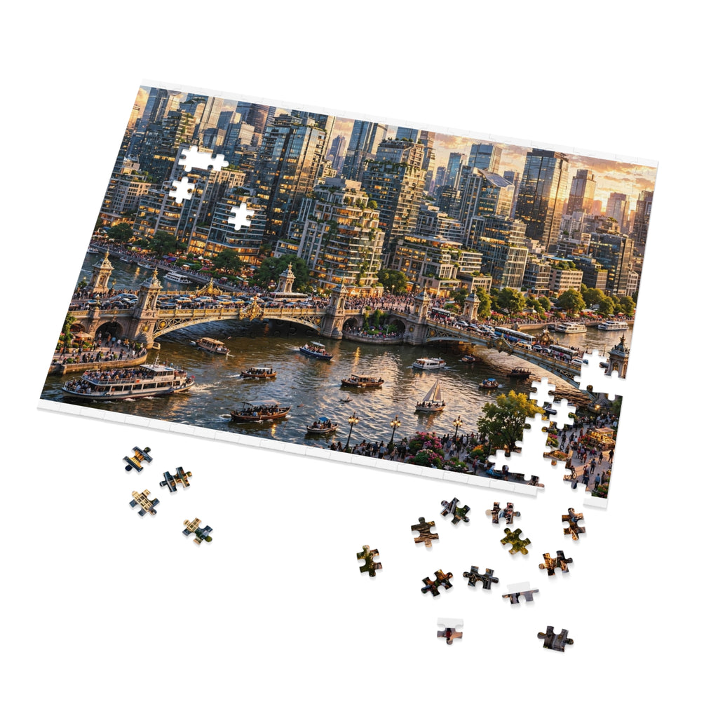 Skyscraper River at Golden Hour — 1000-Piece Jigsaw Puzzle in Tin Box