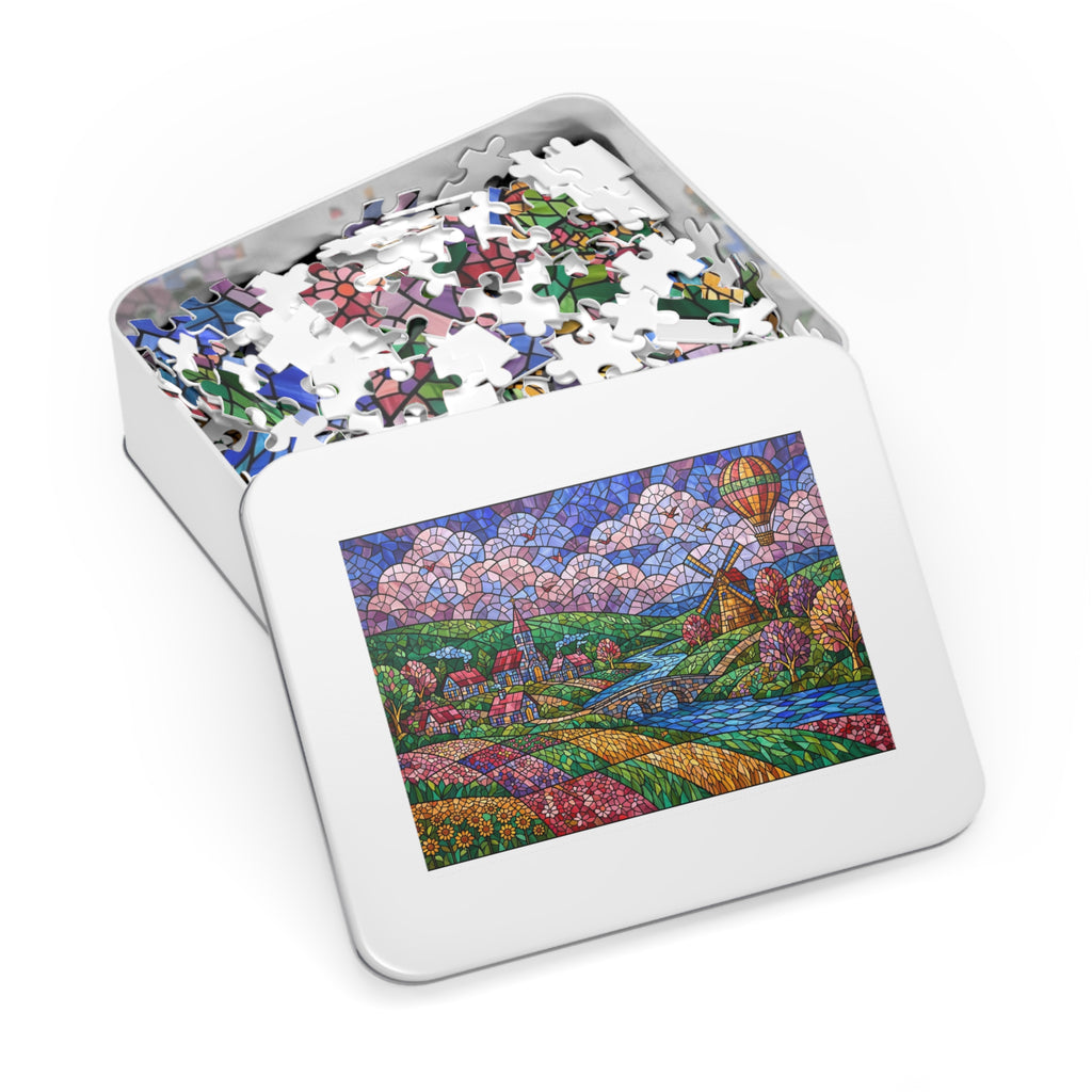 Stained Glass Village & Windmill Valley — 1000-Piece Jigsaw Puzzle in Tin Box
