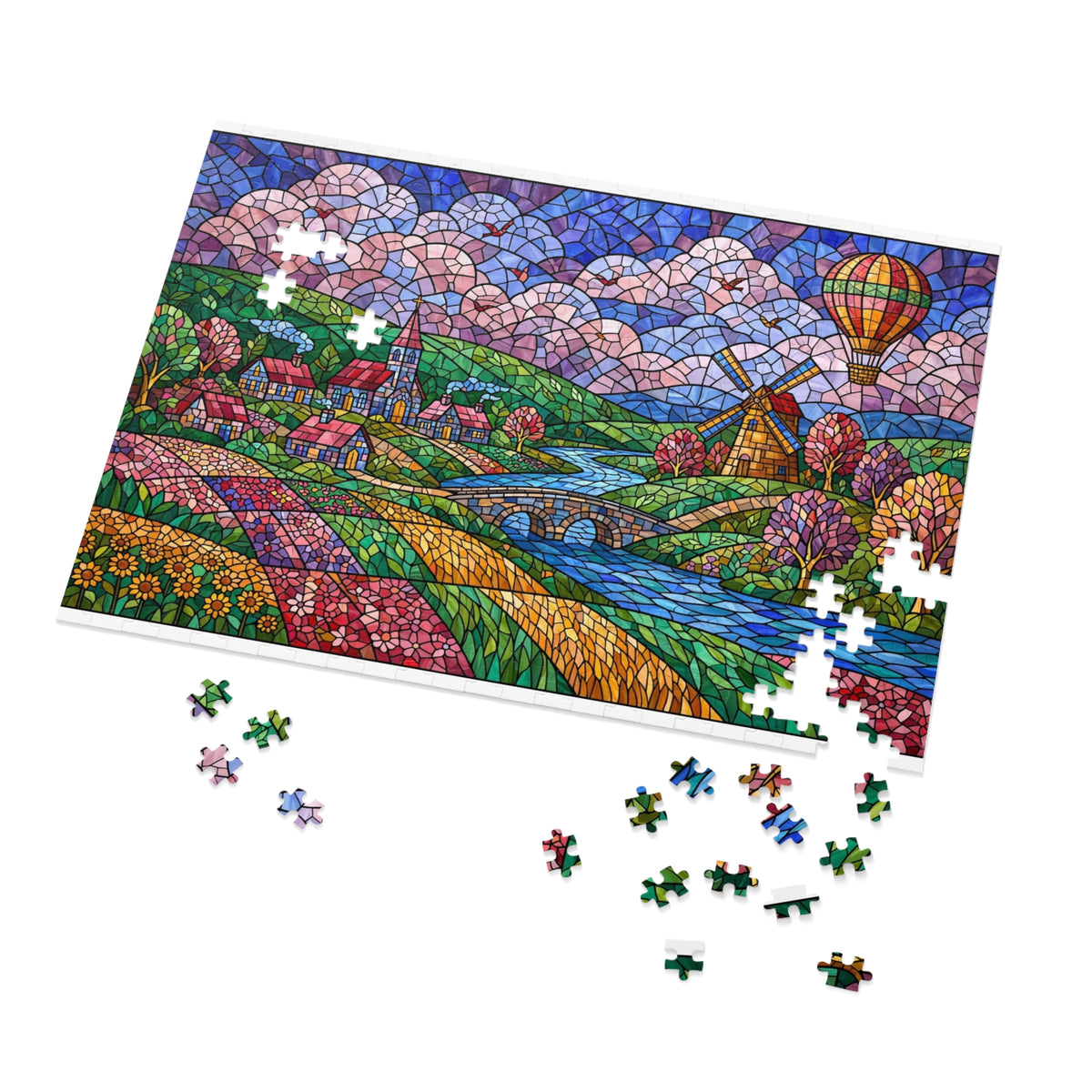 Stained Glass Village & Windmill Valley — 1000-Piece Jigsaw Puzzle in Tin Box