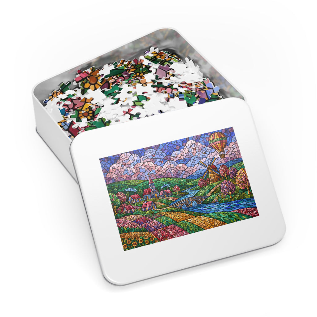 Stained Glass Village & Windmill Valley — 1000-Piece Jigsaw Puzzle in Tin Box