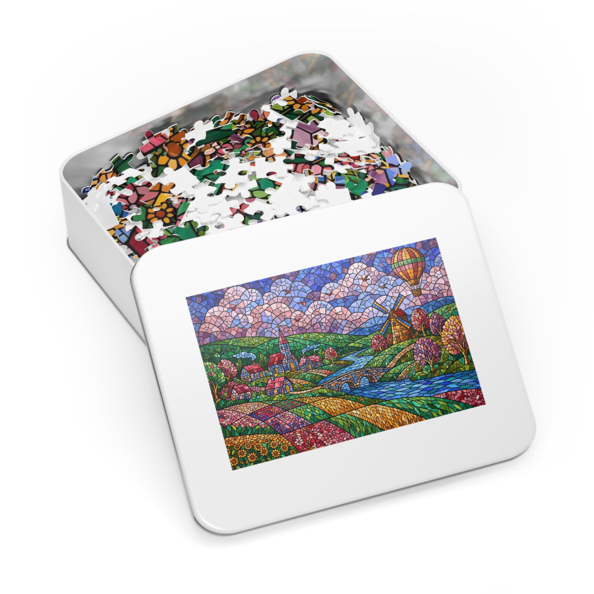 Stained Glass Village & Windmill Valley — 1000-Piece Jigsaw Puzzle in Tin Box