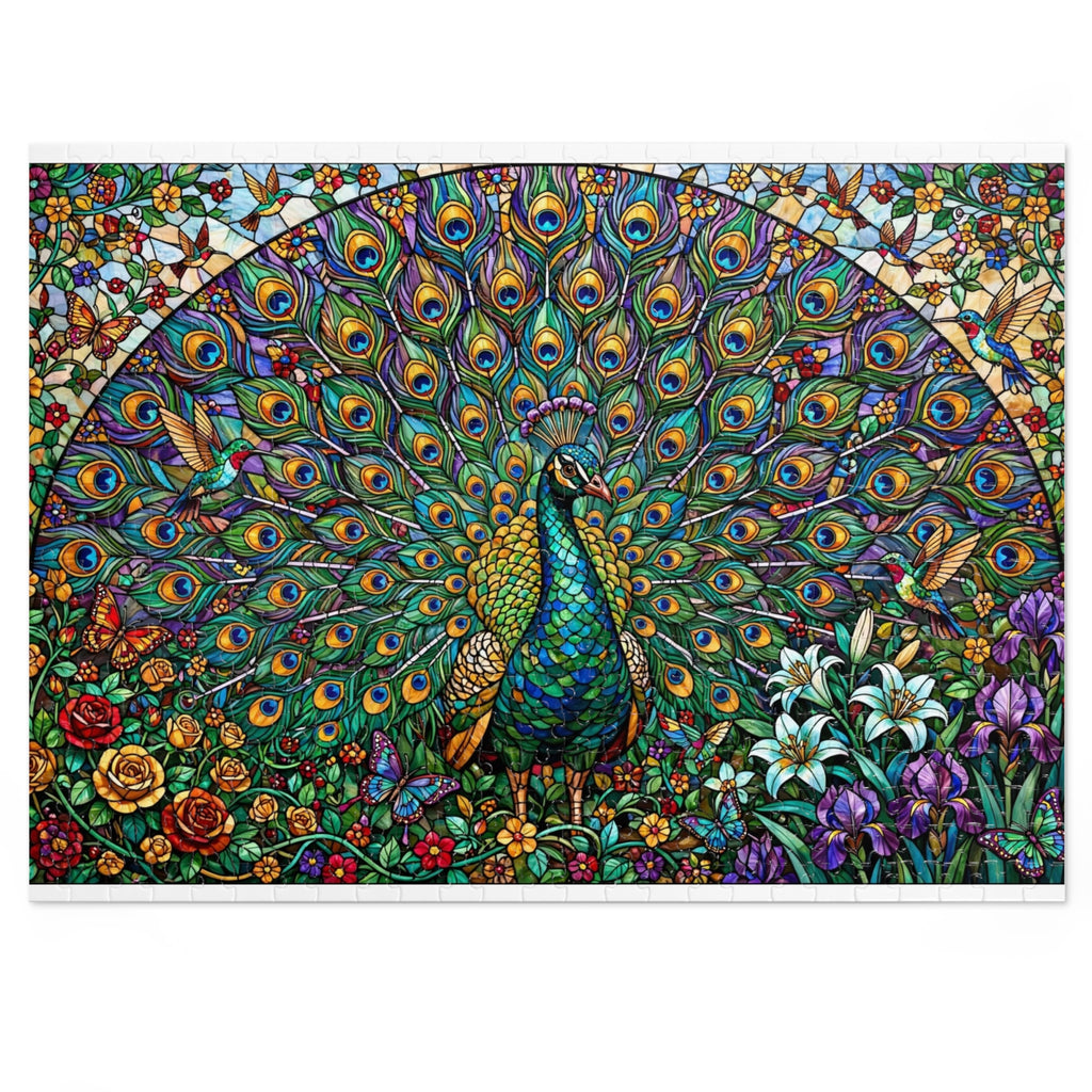 Stained Glass Peacock Garden — 1000-Piece Jigsaw Puzzle in Tin Box