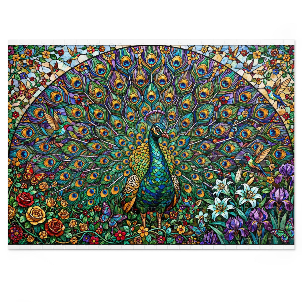 Stained Glass Peacock Garden — 1000-Piece Jigsaw Puzzle in Tin Box