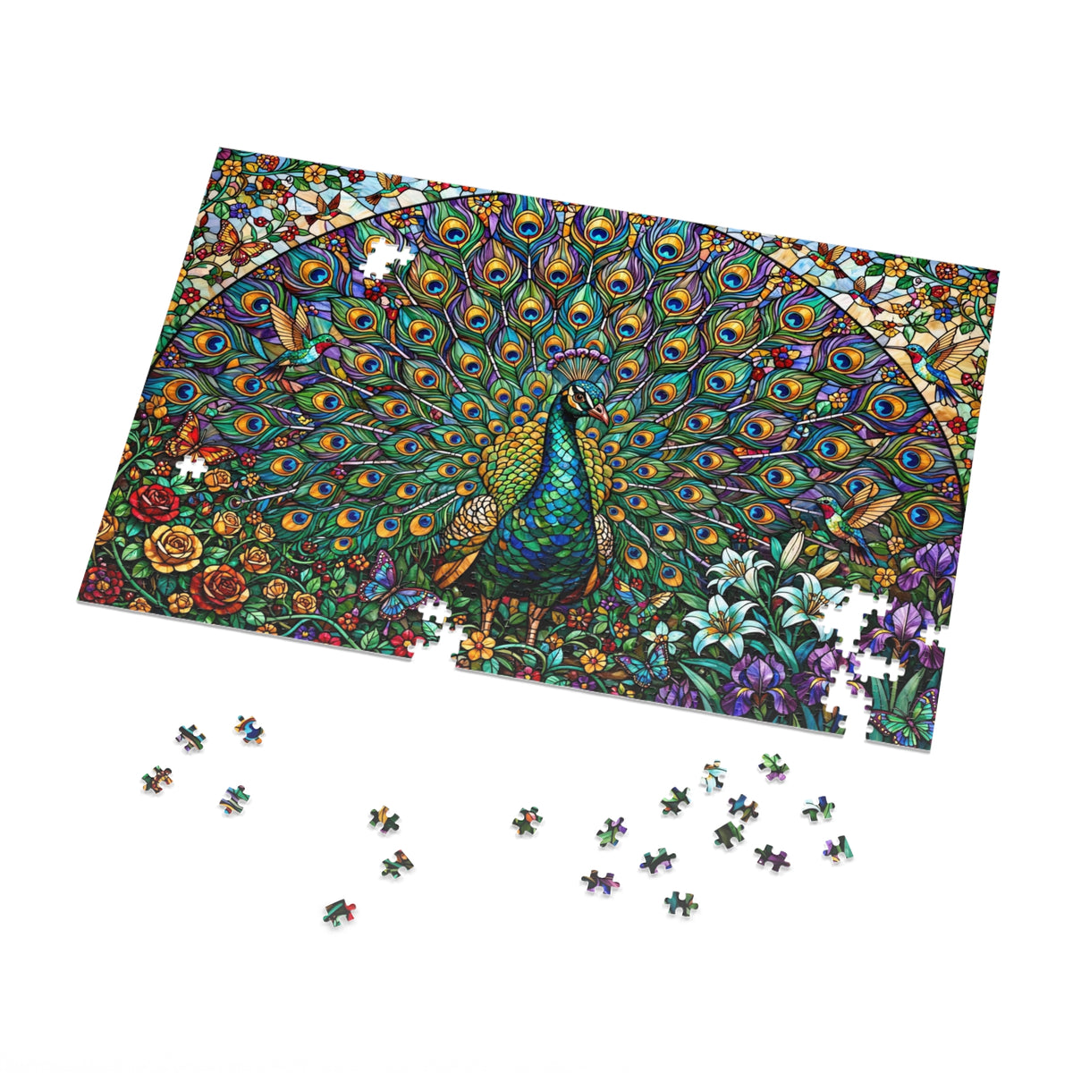 Stained Glass Peacock Garden — 1000-Piece Jigsaw Puzzle in Tin Box