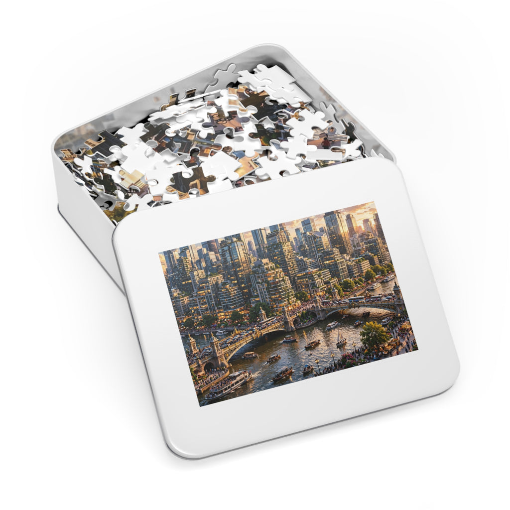 Skyscraper River at Golden Hour — 1000-Piece Jigsaw Puzzle in Tin Box