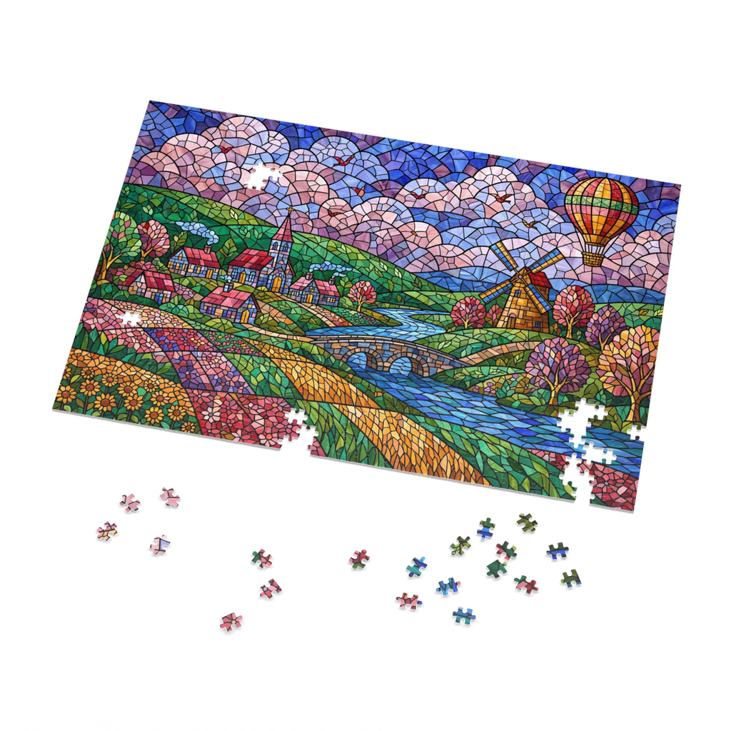 Stained Glass Village & Windmill Valley — 1000-Piece Jigsaw Puzzle in Tin Box