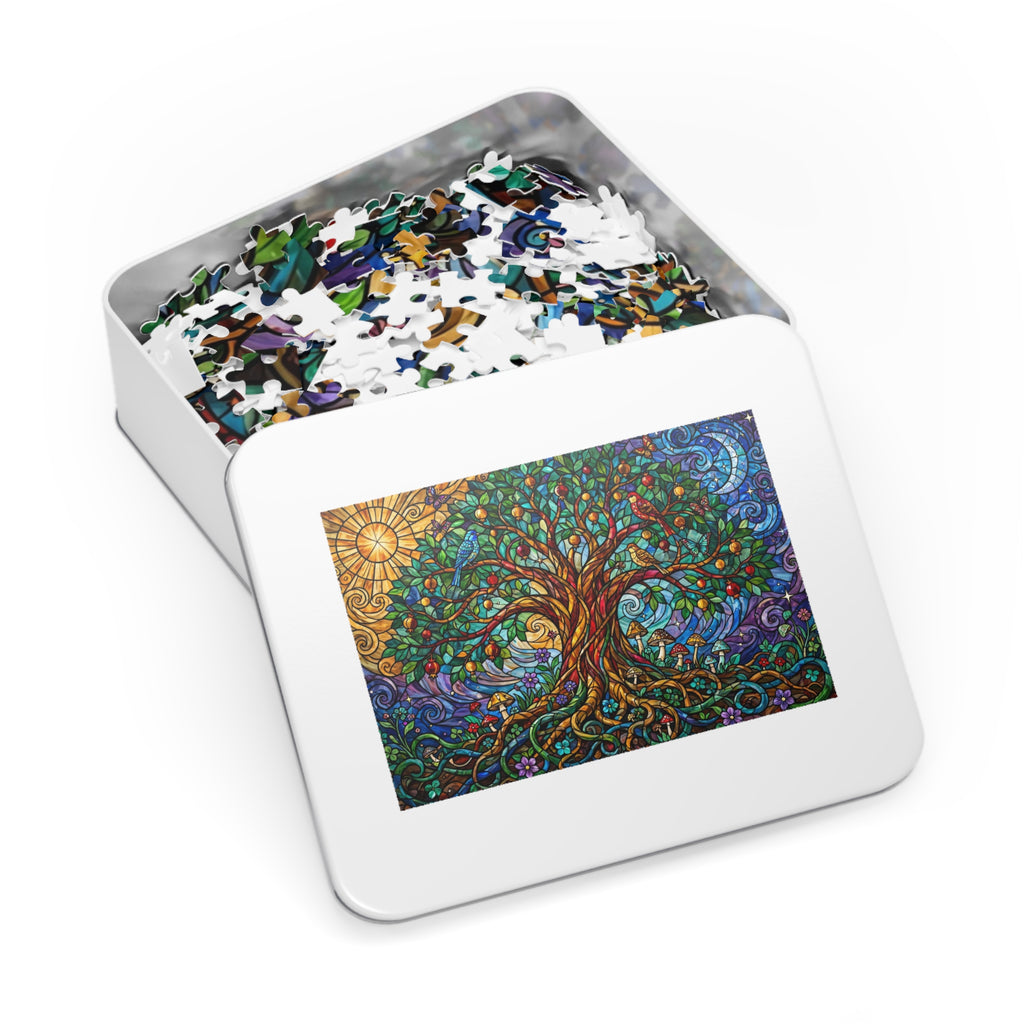 Stained Glass Tree of Life — 1000-Piece Jigsaw Puzzle in Tin Box