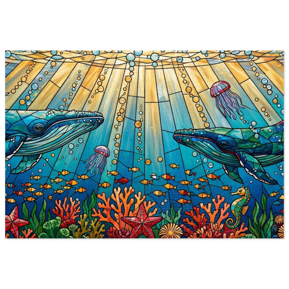 Stained Glass Whale Ocean — 1000-Piece Jigsaw Puzzle in Tin Box