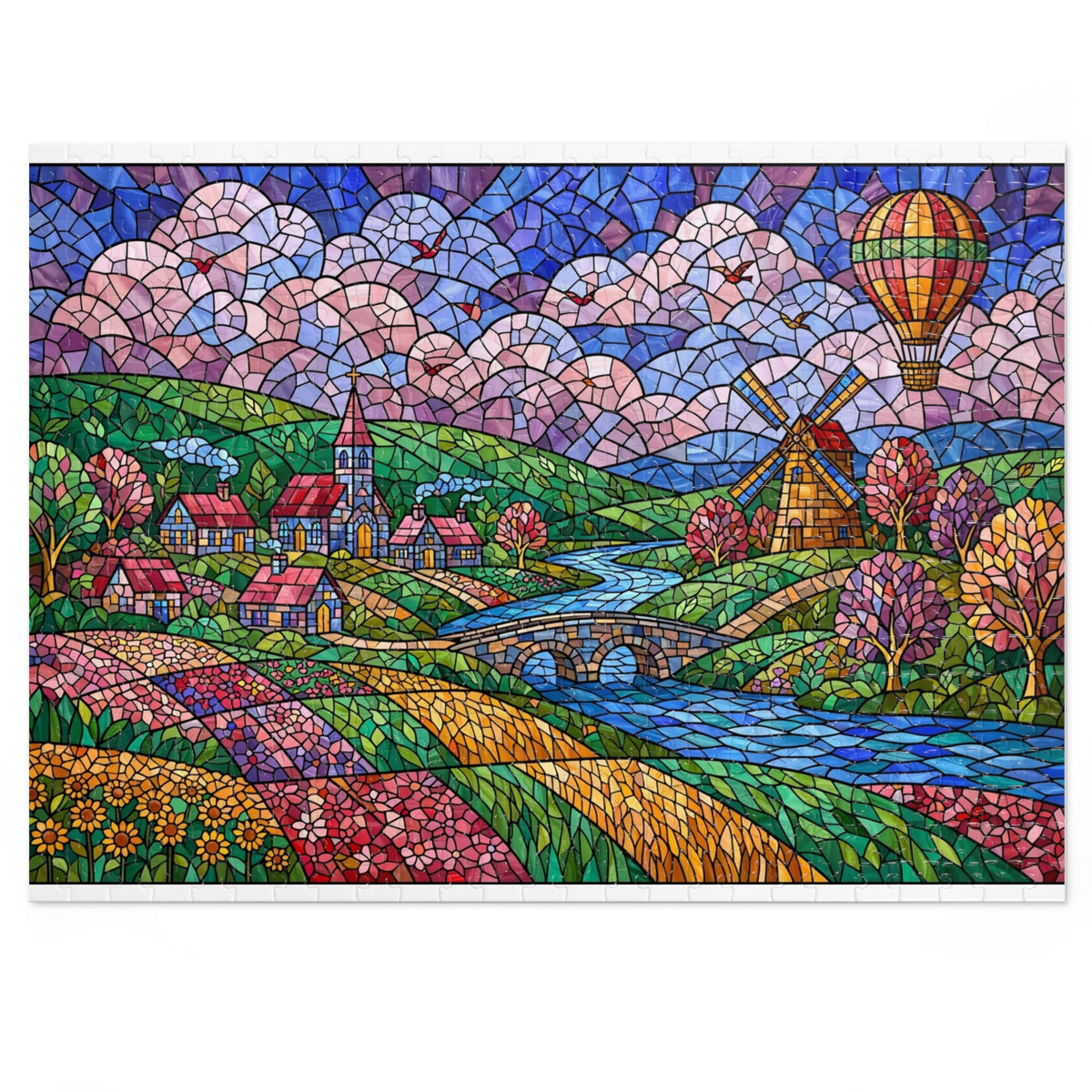 Stained Glass Village & Windmill Valley — 1000-Piece Jigsaw Puzzle in Tin Box