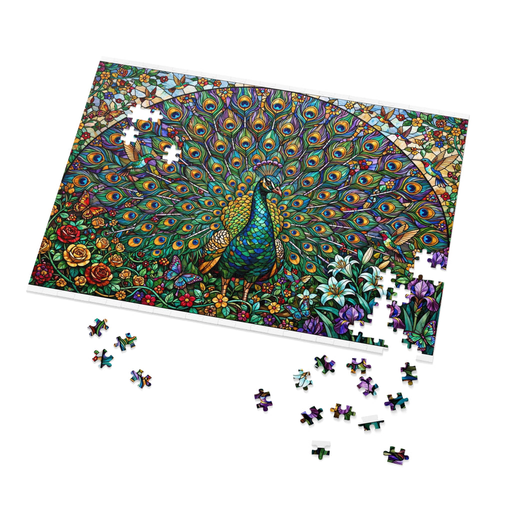 Stained Glass Peacock Garden — 1000-Piece Jigsaw Puzzle in Tin Box