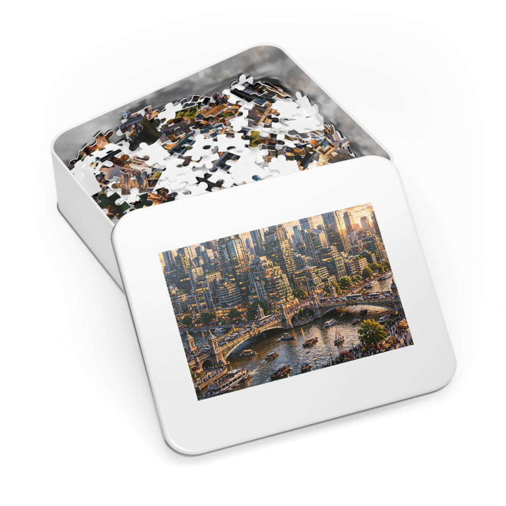 Skyscraper River at Golden Hour — 1000-Piece Jigsaw Puzzle in Tin Box