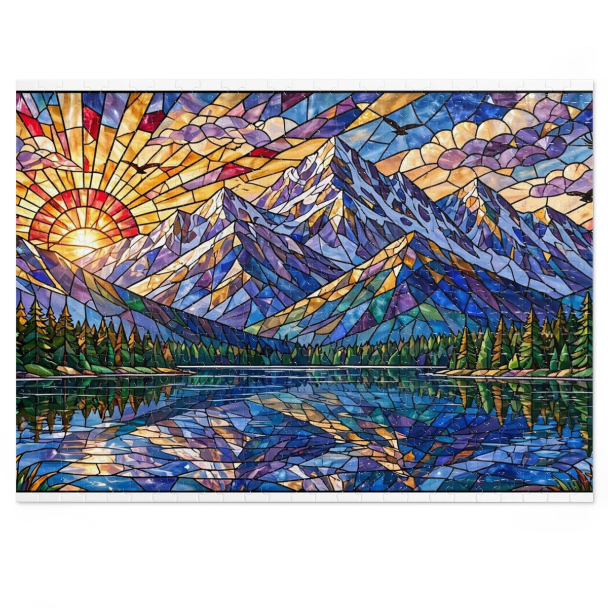 Stained Glass Mountain Lake Sunrise — 1000-Piece Jigsaw Puzzle in Tin Box