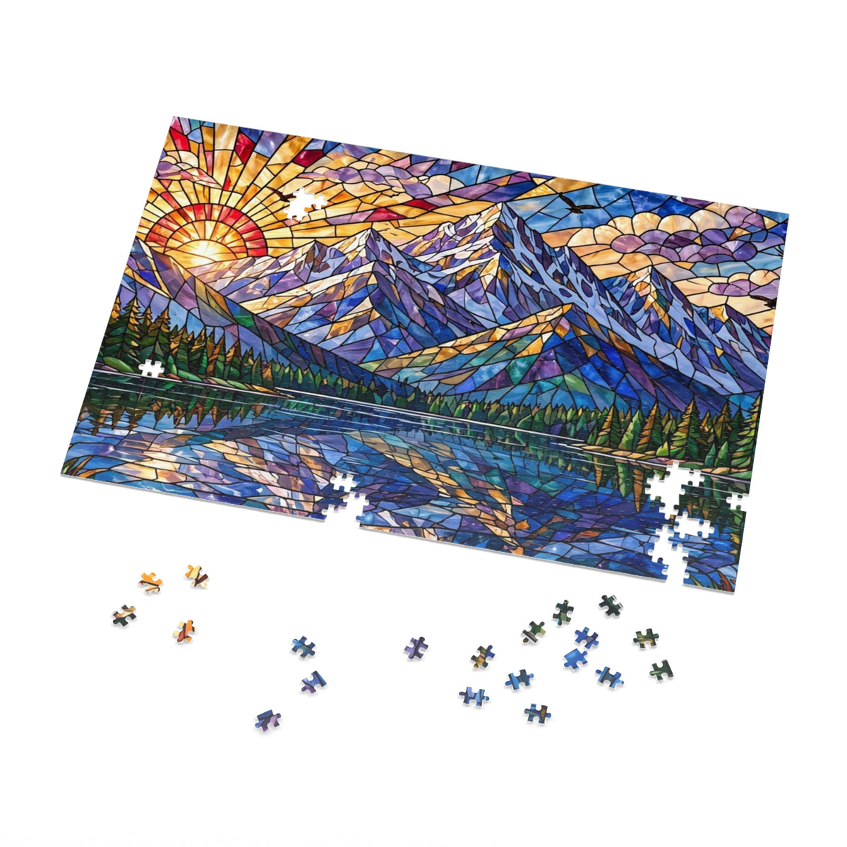 Stained Glass Mountain Lake Sunrise — 1000-Piece Jigsaw Puzzle in Tin Box
