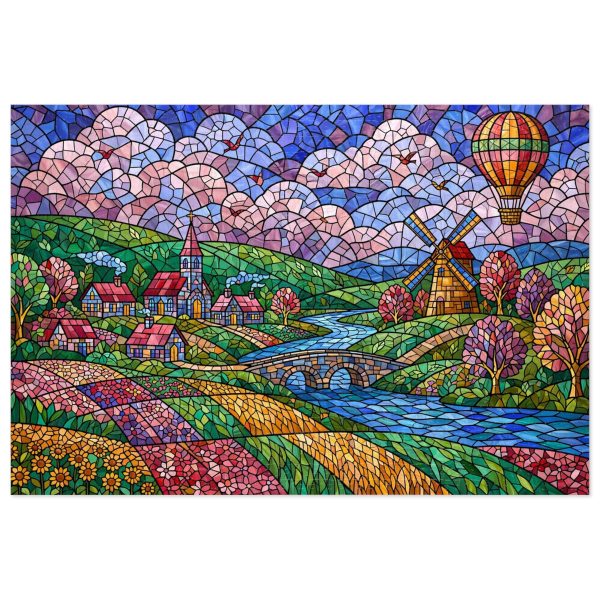 Stained Glass Village & Windmill Valley — 1000-Piece Jigsaw Puzzle in Tin Box