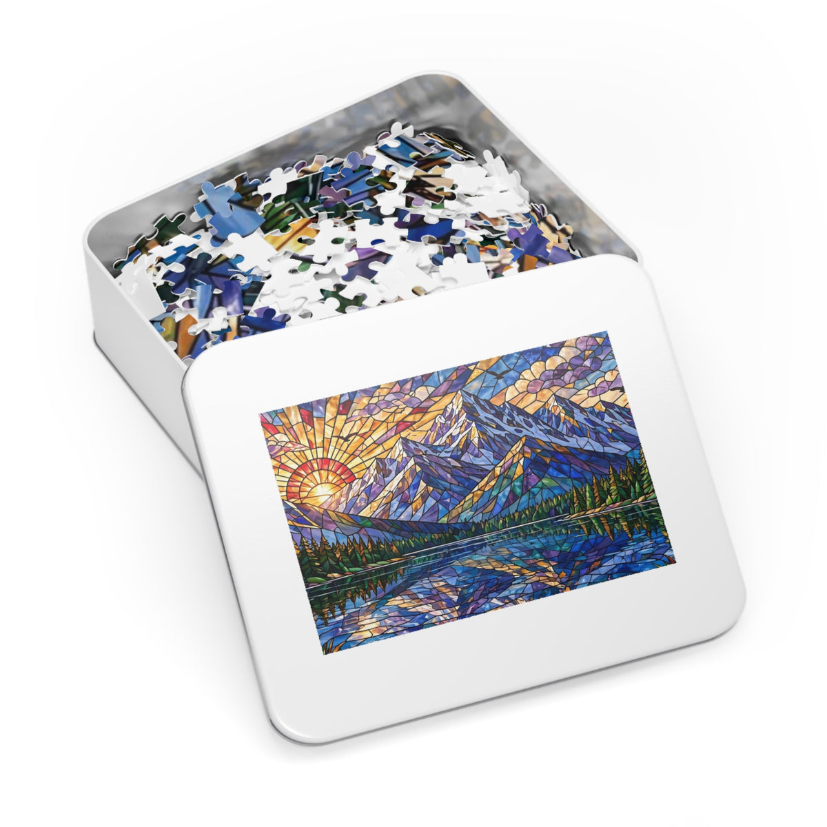 Stained Glass Mountain Lake Sunrise — 1000-Piece Jigsaw Puzzle in Tin Box