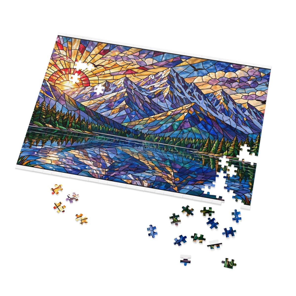 Stained Glass Mountain Lake Sunrise — 1000-Piece Jigsaw Puzzle in Tin Box