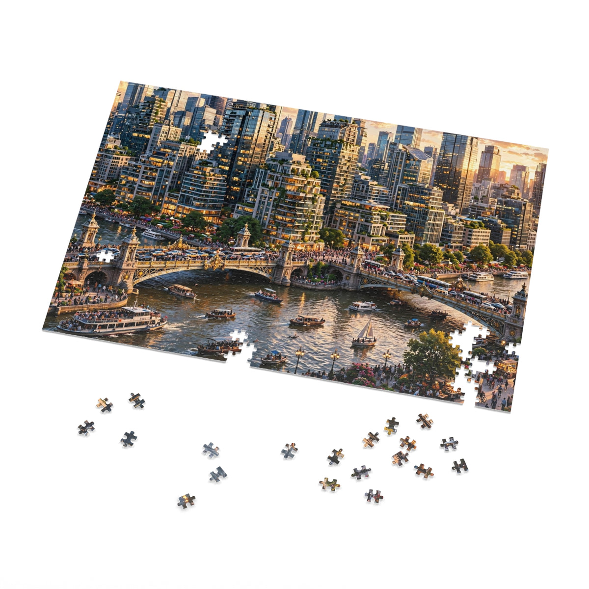 Skyscraper River at Golden Hour — 1000-Piece Jigsaw Puzzle in Tin Box