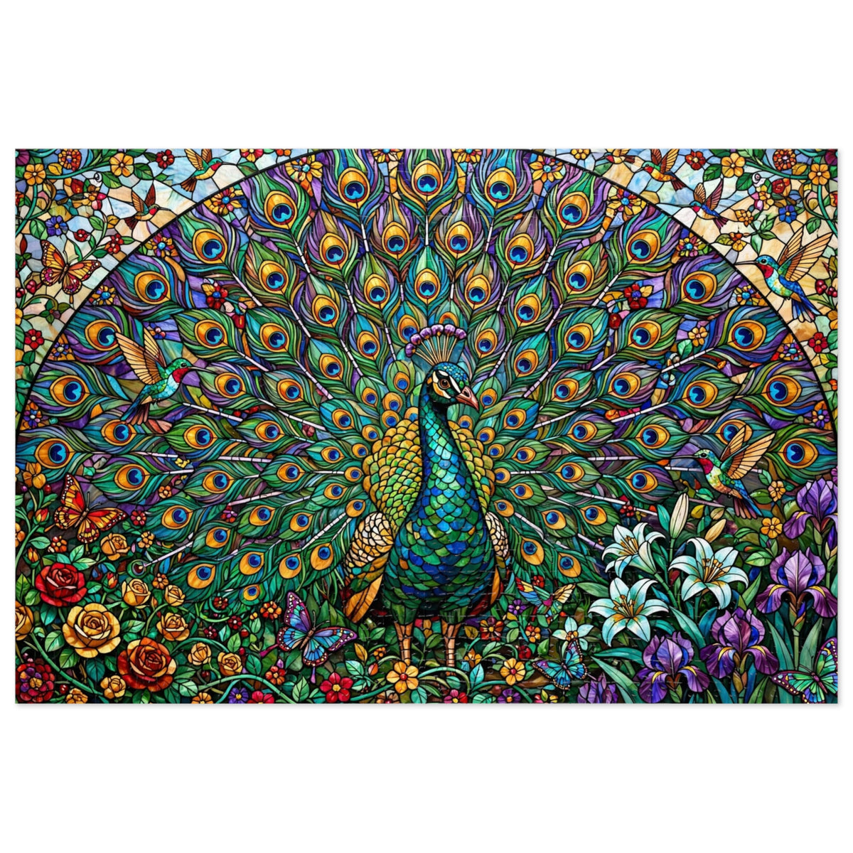 Stained Glass Peacock Garden — 1000-Piece Jigsaw Puzzle in Tin Box