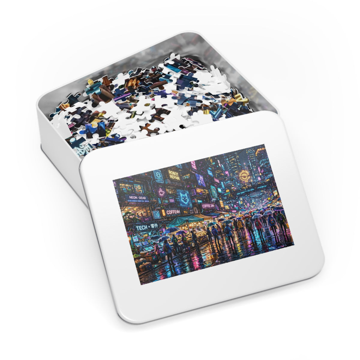 Neon City Rain Night — 1000-Piece Jigsaw Puzzle in Tin Box