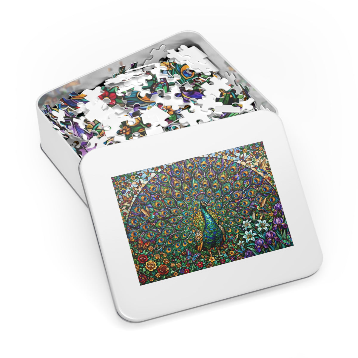 Stained Glass Peacock Garden — 1000-Piece Jigsaw Puzzle in Tin Box